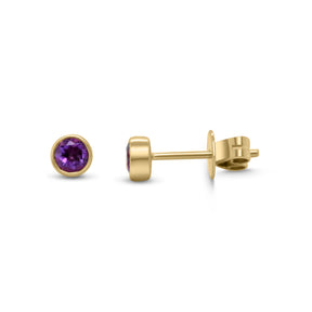 14k yellow gold bezel set round birthstone stud earrings garnet amethyst emerald ruby sapphire citrine