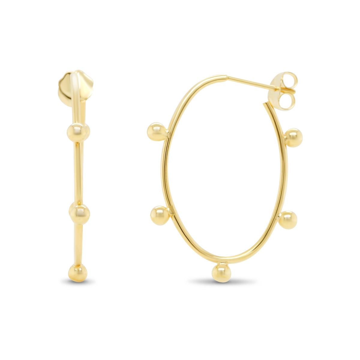 14k yellow gold elongated oval hoop earrings with solid gold ball detailing