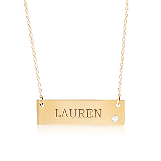 customizable name necklace yellow gold with name engraved and a white diamond