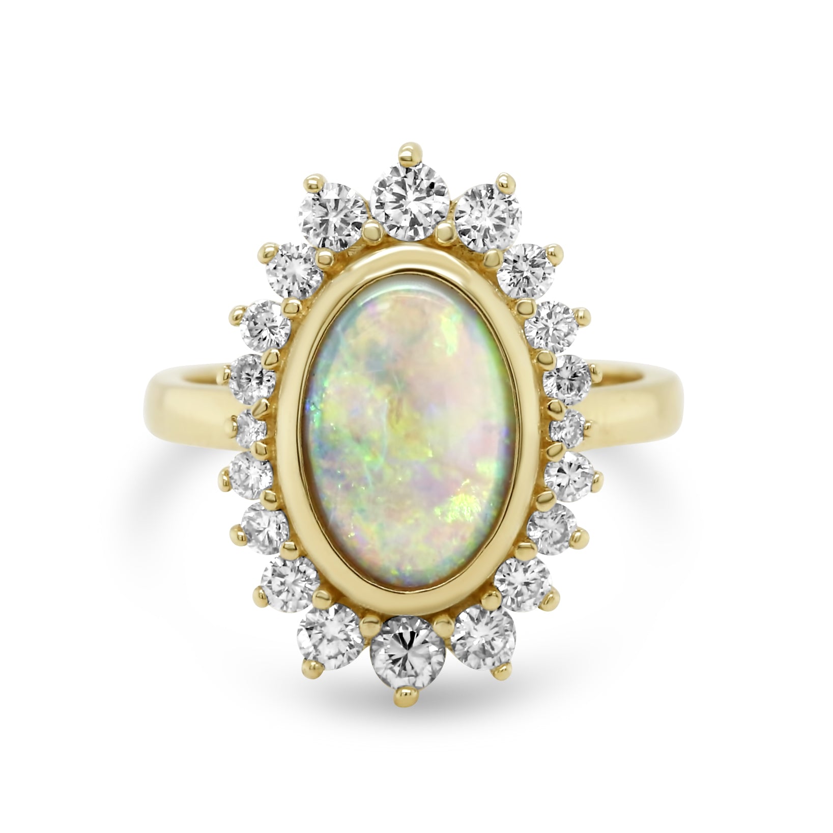 bezel set oval black opal graduated diamond halo 14k yellow gold ring