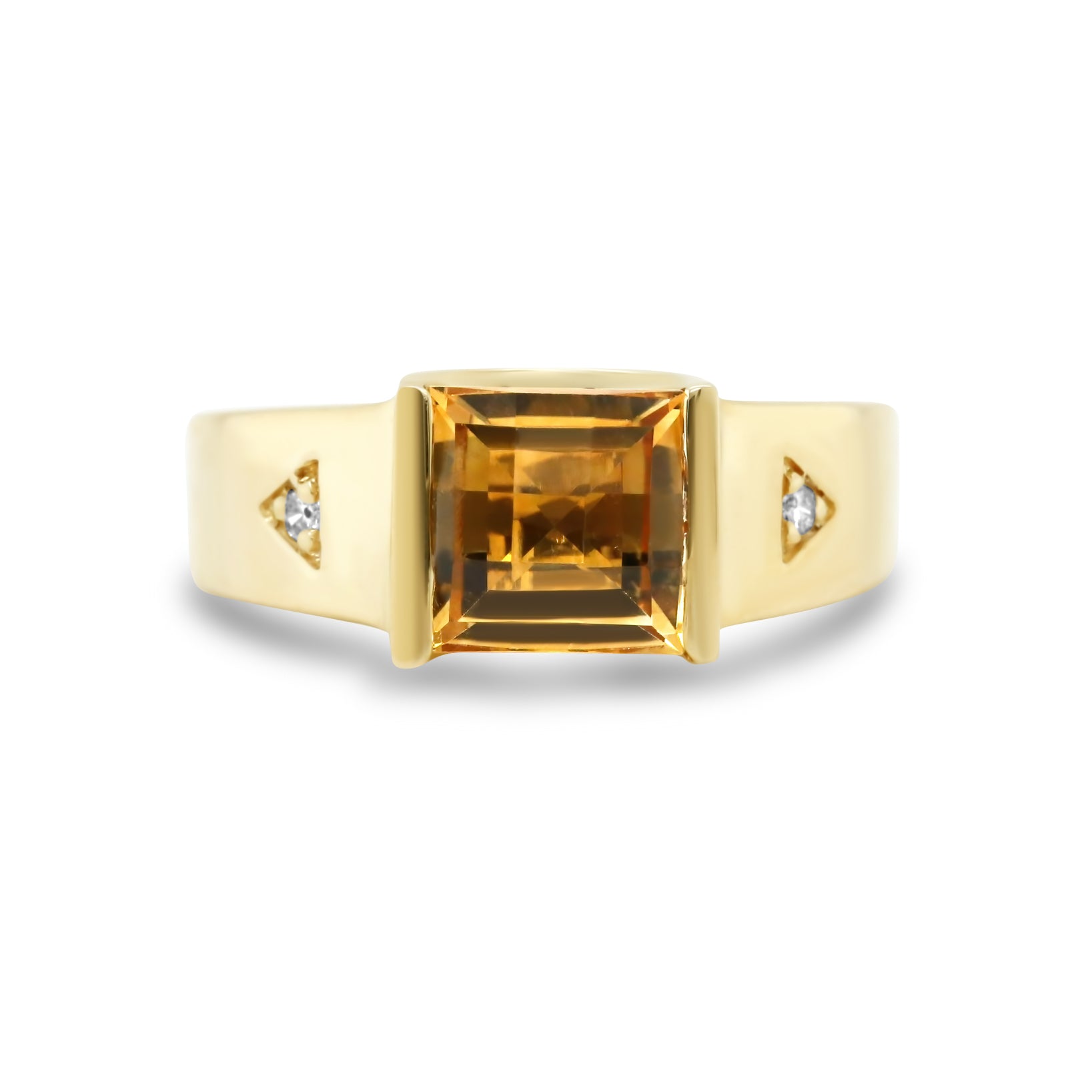 14k yellow gold bar set square citrine gemstone diamond triangle accents thick chunky estate right hand ring