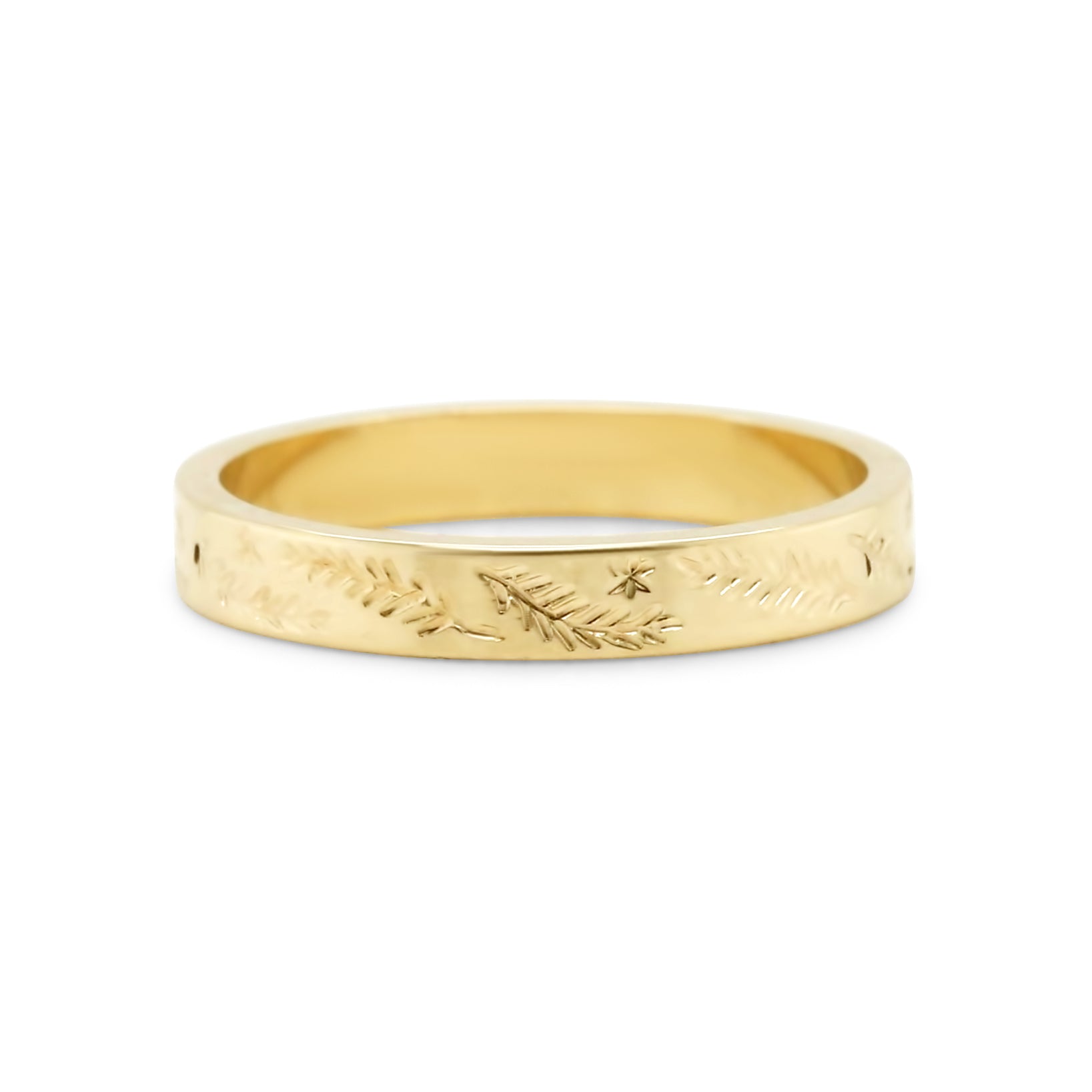 14k yellow gold white gold leafy hand engraved ring band gender neutral
