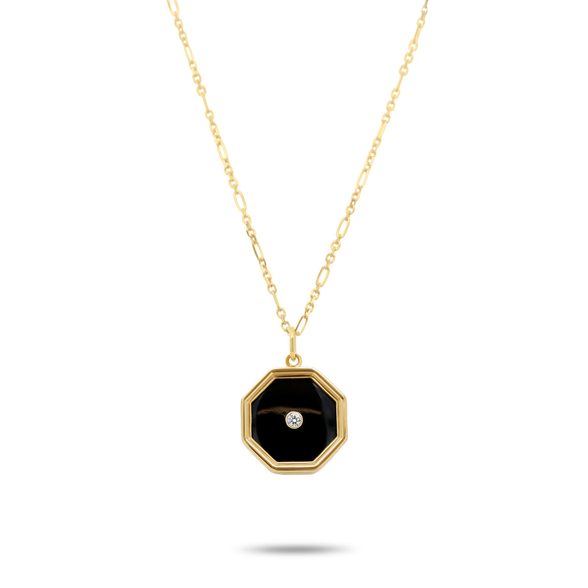 14k yellow gold octagon black onyx with diamond bezel accent pendant necklace on figaro chain 
