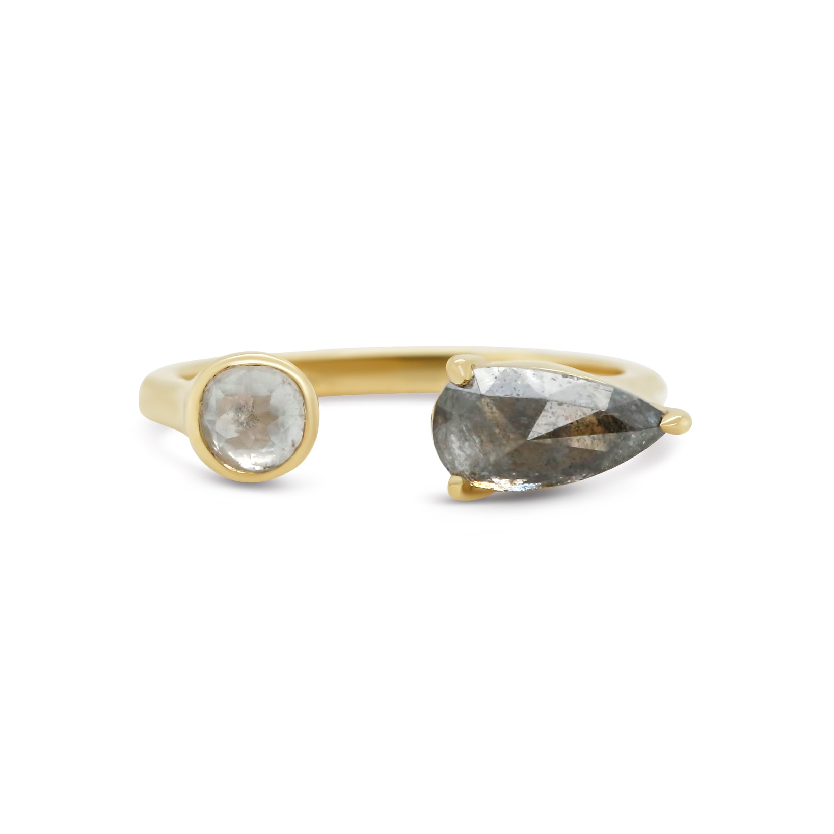 14k yellow gold open band two stone round bezel and pear shape rose cut gray diamond ring
