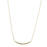 14k yellow gold curved bar diamond necklace with three dainty round diamonds 16in chain
