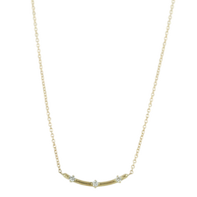 14k yellow gold curved bar diamond necklace with three dainty round diamonds 16in chain