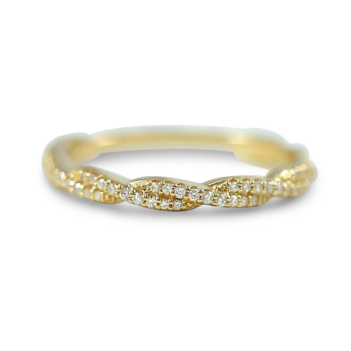 14k yellow gold twisted wedding band band with ~1/6tcw round diamonds 