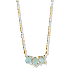 14k yellow gold oval opal cabochon necklace prong set with round brilliant cut diamonds throughout 16in chain