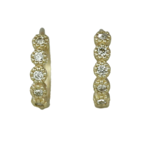 14k yellow gold bezel set diamond huggies with milgrain details under 500