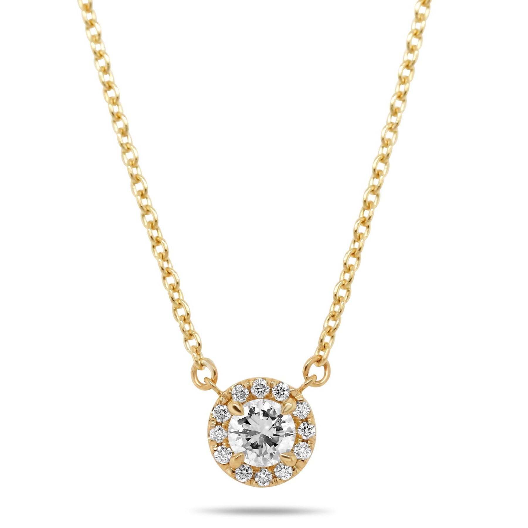 14k yellow gold round diamond necklace with a diamond halo on a 16in chain