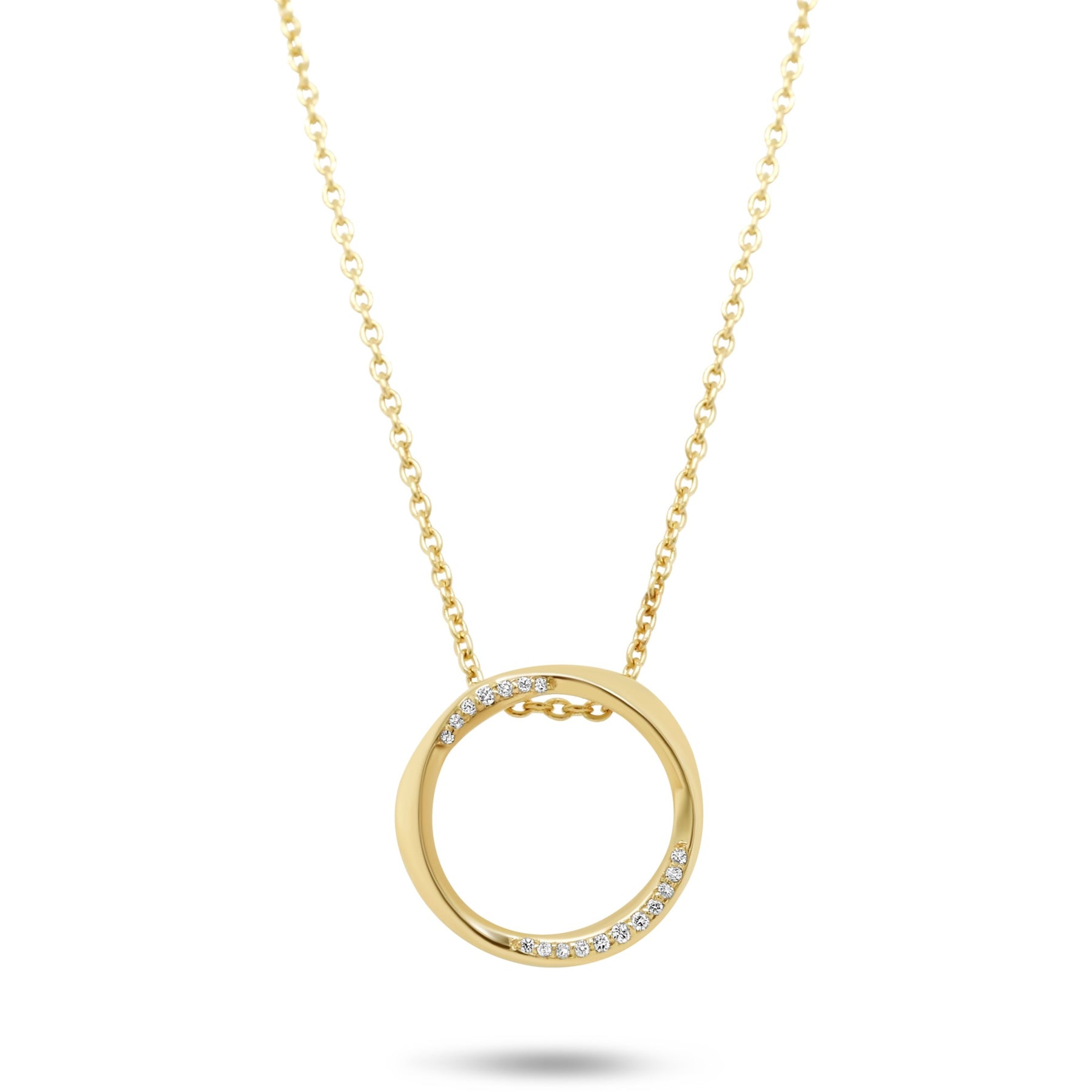 14k yellow or white gold mobius circle diamond necklace with a 16in chain