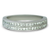 platinum channel set double row estate diamond wedding band with knife edges and milgrain details.