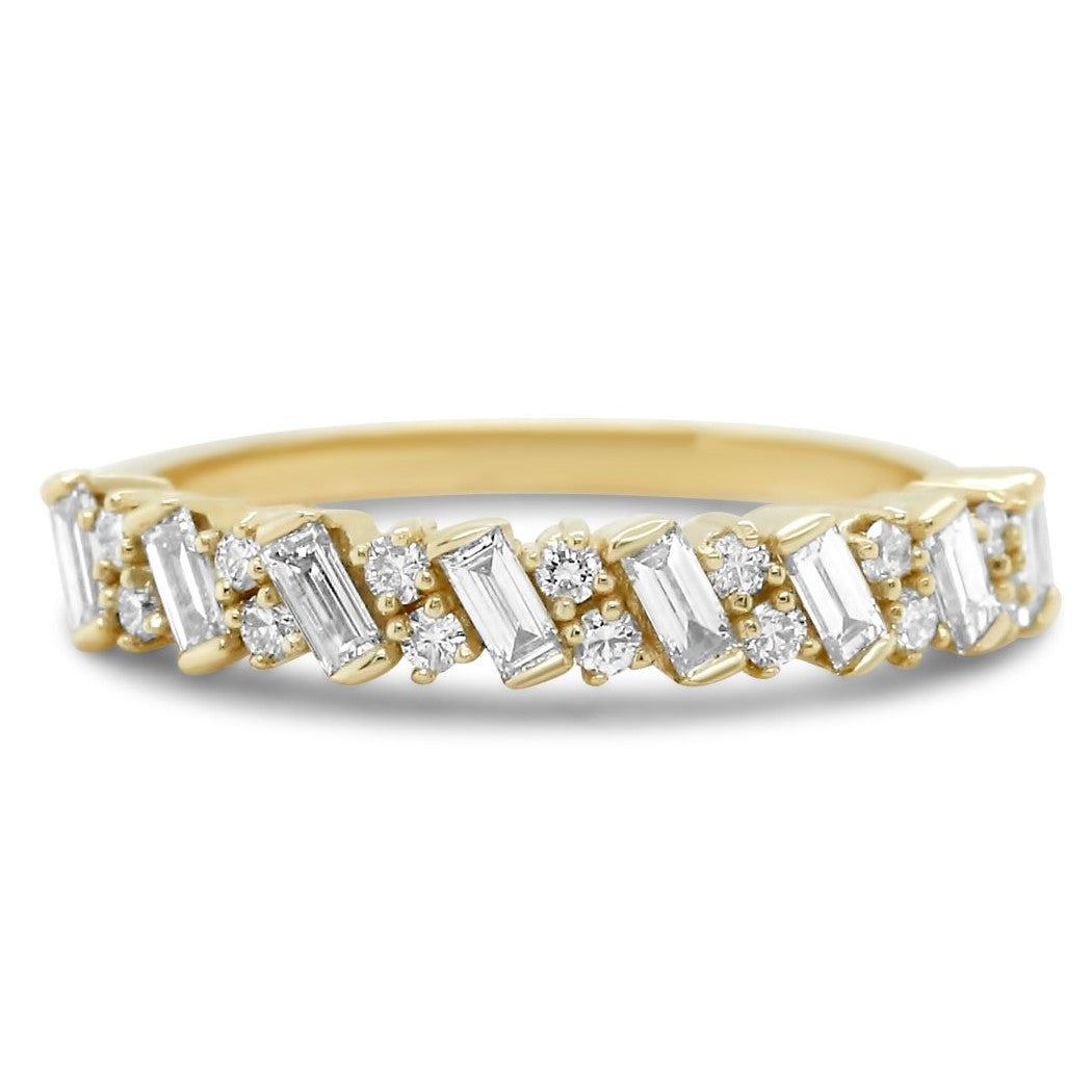 14k yellow, white or rose gold slanted baguette and round diamond wedding band
