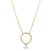 14k yellow gold circle necklace with a dainty diamond on a 16in chain
