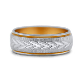 18k white and yellow gold engraved leaf pattern wide band