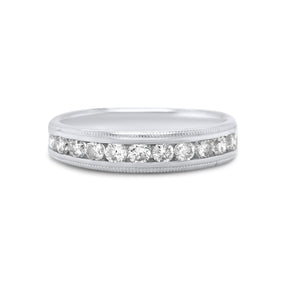 14k white gold channel set diamond estate wedding band ring with milgrain detailing