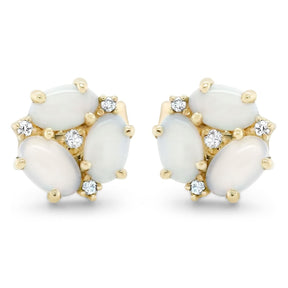 14k yellow gold opal and diamond cluster stud earrings