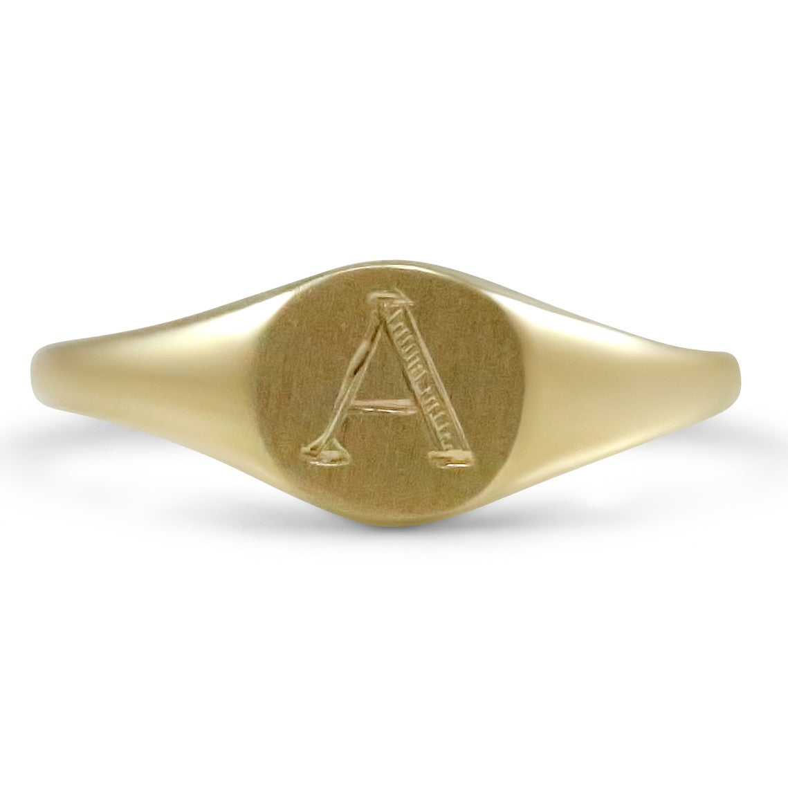 14k yellow gold signet ring with hand engraved initial. A-Z available under $500
