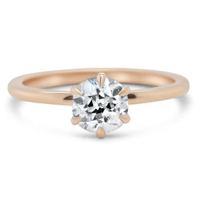 14k peach gold old mine cut diamond engagment ring set with six claw prongs and ready to ship