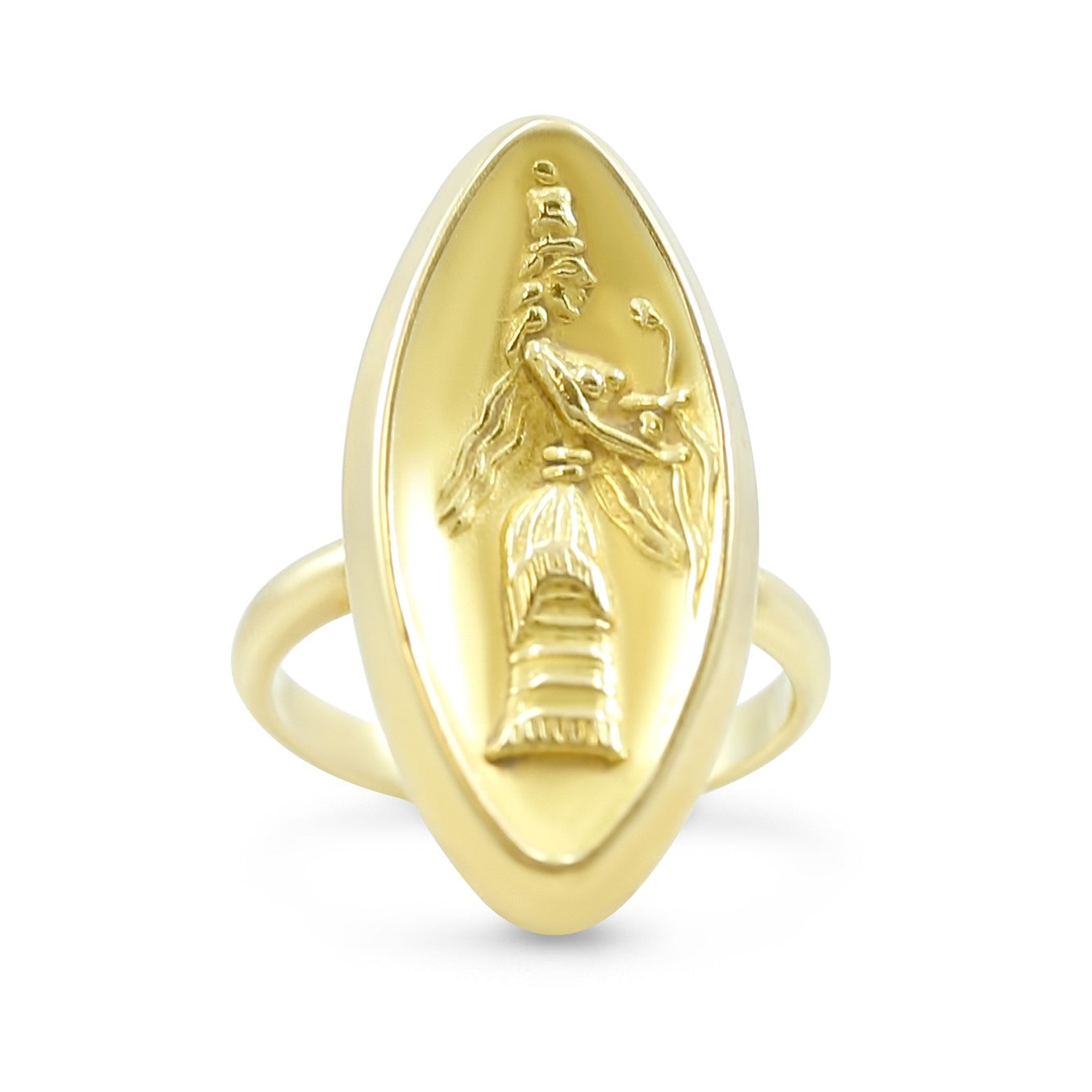 18k yellow gold estate navaette shaped signet ring with cleopatra on front