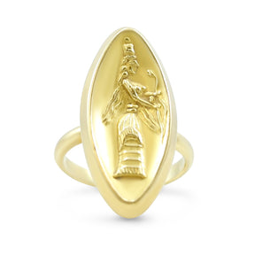 18k yellow gold estate navaette shaped signet ring with cleopatra on front